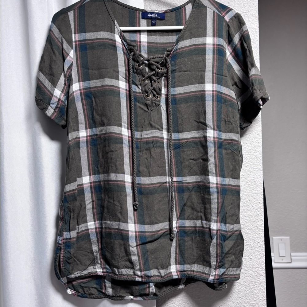 Angels Gray and Pink Plaid Lace-Up Top